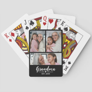 Grandma Established Script Black 3 Photo Playing Cards