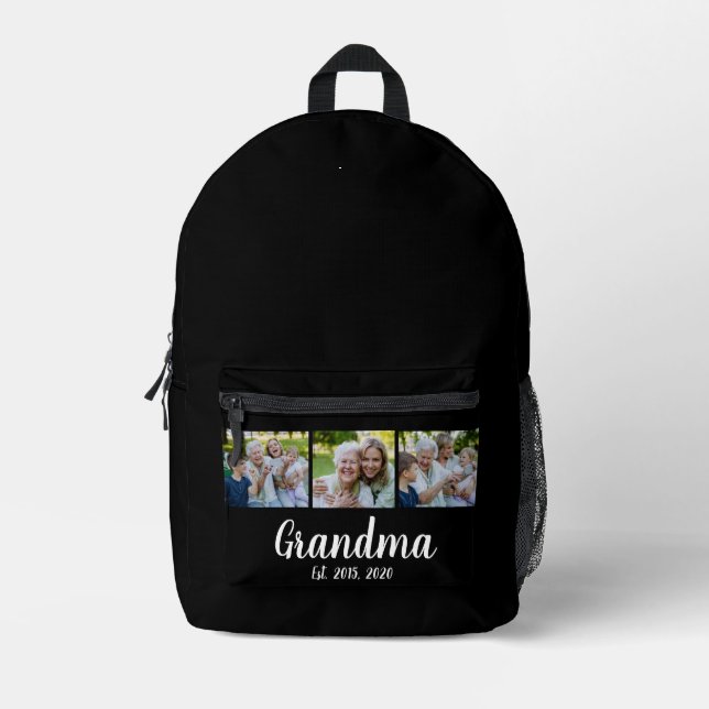 Grandma Established Script Black 3 Photo Printed Backpack (Front)