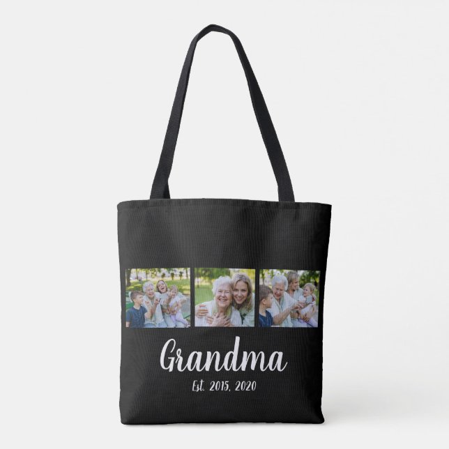 Grandma Established Script Black 3 Photo Tote Bag (Back)