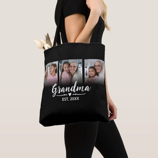 Grandma Established Script Black 3 Photo Tote Bag (Close Up)