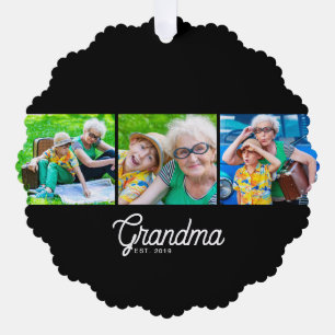Grandma Established Script Black 3 Photo Tree Decoration Card