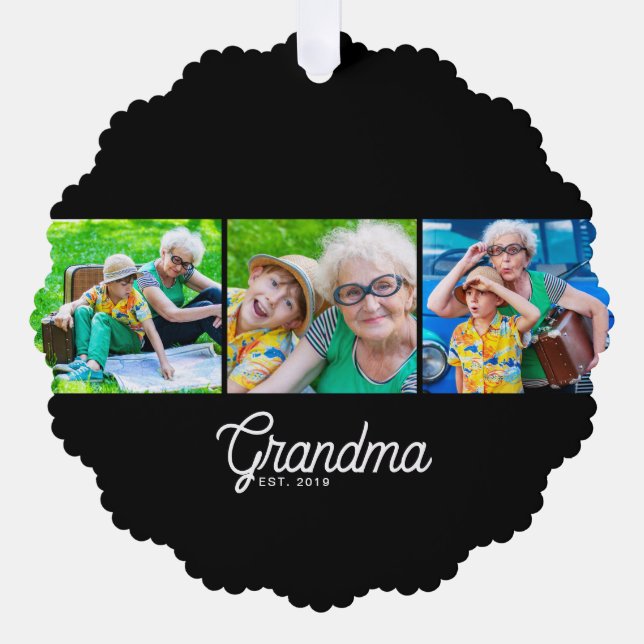 Grandma Established Script Black 3 Photo Tree Decoration Card (Front)