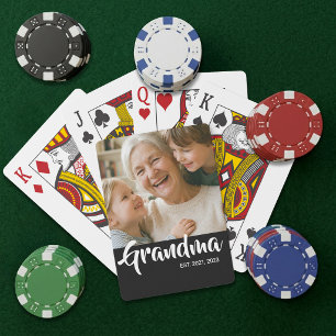 Grandma Established Script Black Photo Playing Cards
