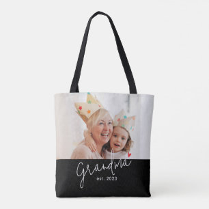 Grandma Established Script Black Photo Tote Bag