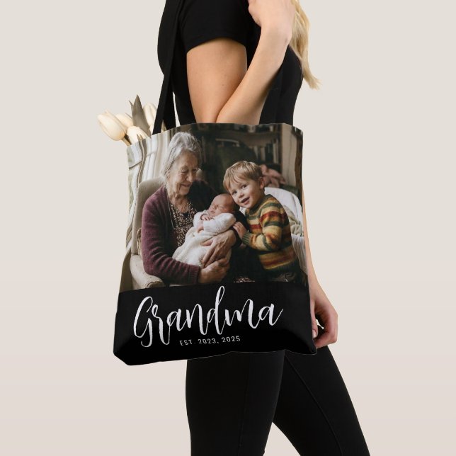 Grandma Established Script Black Photo Tote Bag (Close Up)