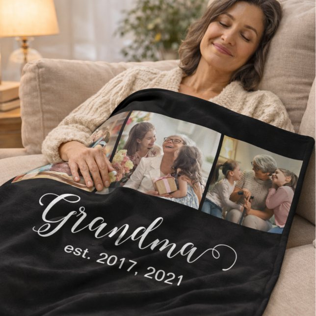 Grandma Established Script Gift 3 Photo Fleece Blanket (Creator Uploaded)