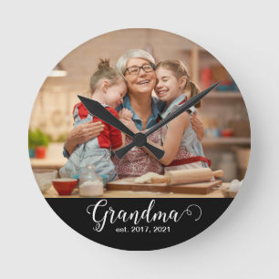 Grandma Established Script Gift Photo Round Clock