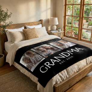 Grandma Established Typography Black 3 Photo Fleece Blanket