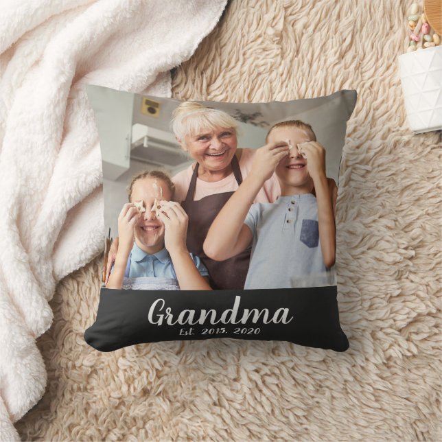 Grandma Established White Script Photo Cushion (Blanket)