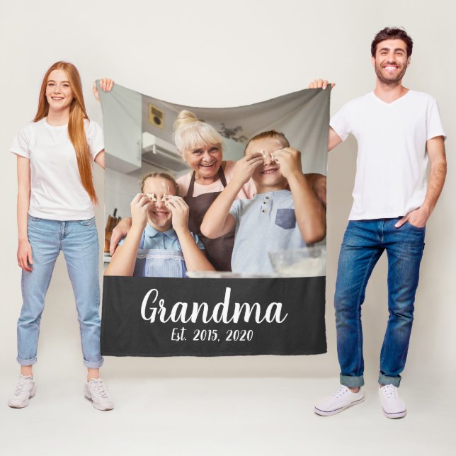 Grandma Established White Script Photo Fleece Blanket (In Situ)