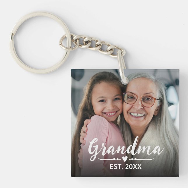 Grandma Established White Script Photo Key Ring (Front)