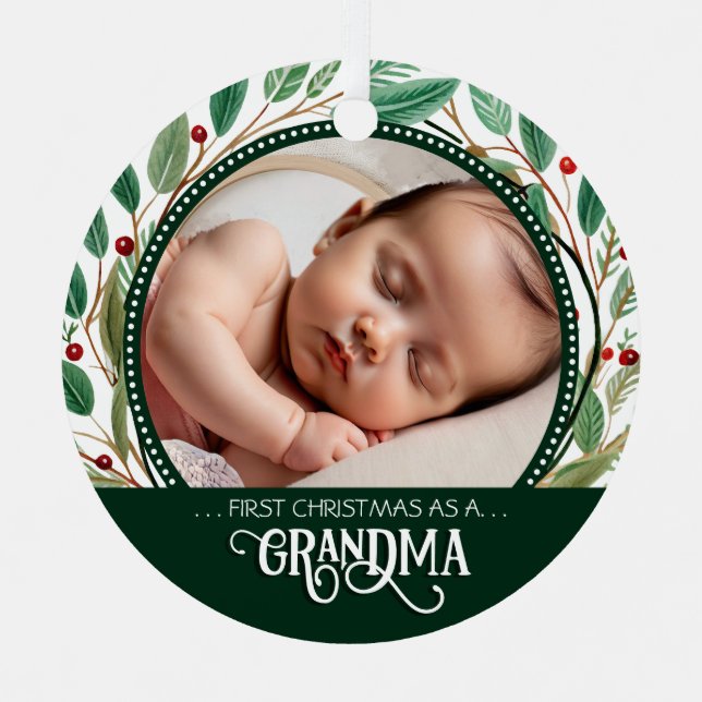 Grandma First Christmas Photo Holiday Pattern Metal Tree Decoration (Front)