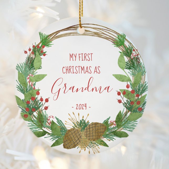 Grandma First Christmas Rustic Wreath Baby Photo Ceramic Tree Decoration (Creator Uploaded)