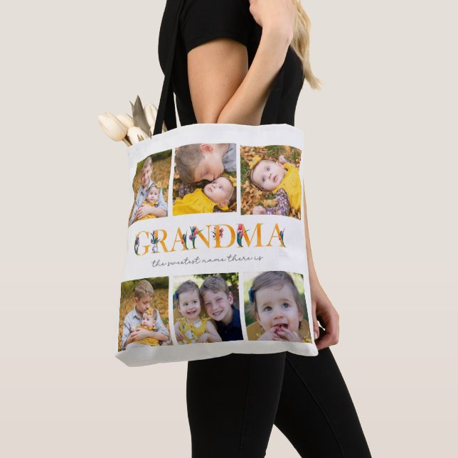 Grandma Floral Custom Photo Shopping Tote Bag (Close Up)