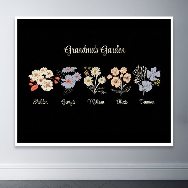 Grandma Flower Garden Custom 5 Name Vintage Floral Poster (grandma flower garden with grandkids name floral poster)