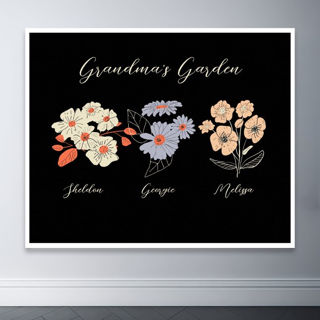 Grandma Flower Garden Custom Name Vintage Floral Poster (grandma flower garden with grandchildren name floral poster)