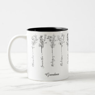 Grandma Flower Gift with Custom 5 Grandkids Names Two-Tone Coffee Mug