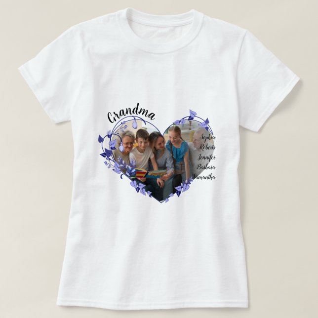 Grandma flower heart With Grandkids Names & Photo T-Shirt (Design Front)