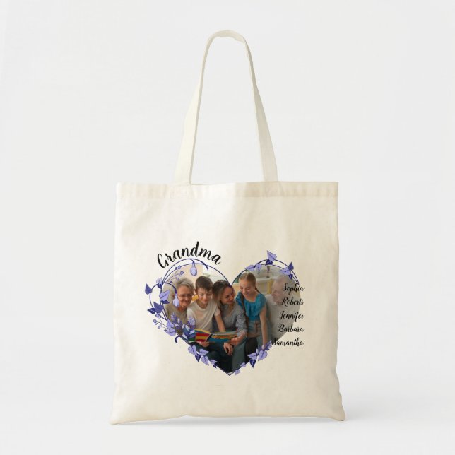 Grandma flower heart With Grandkids Names & Photo Tote Bag (Front)