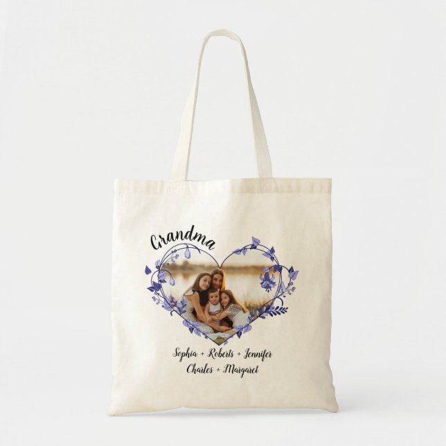 Grandma flower heart With Grandkids Names & Photo Tote Bag (Front)