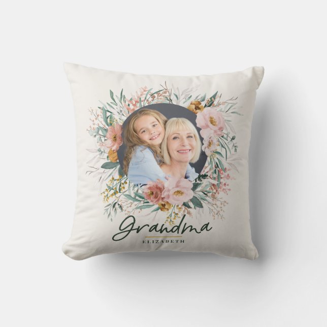 Grandma gift 2 photo pink girly watercolour floral cushion (Front)