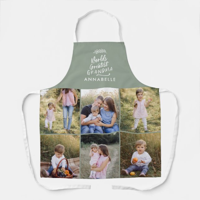 Grandma gift 8 photo grandchild simple typography  apron (Front)
