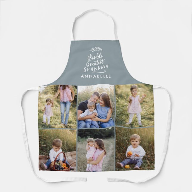 Grandma gift 8 photo grandchild simple typography  apron (Front)