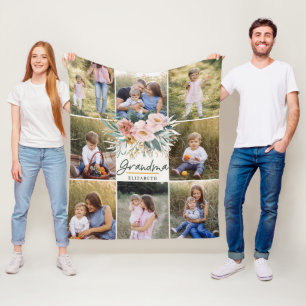 Grandma gift 8 photo pink girly watercolour floral fleece blanket