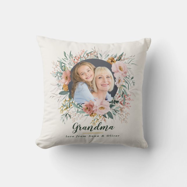 Grandma gift photo pink girly watercolour floral cushion (Front)