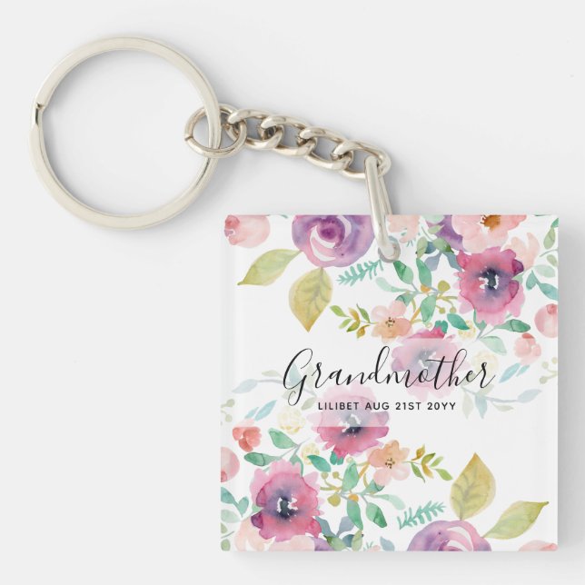 Grandma Gift - Pretty Plum Pink Flowers Perosonal Key Ring (Front)