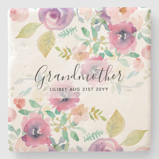 Grandma Gift - Pretty Plum Pink Flowers Perosonal Stone Coaster (Front)