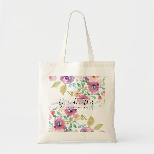 Grandma Gift - Pretty Plum Pink Flowers Perosonal Tote Bag (Front)
