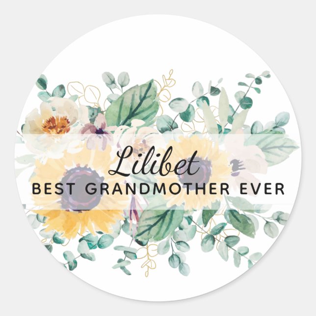 GRANDMA Gifts - Sunflower Themed Personalised Classic Round Sticker (Front)