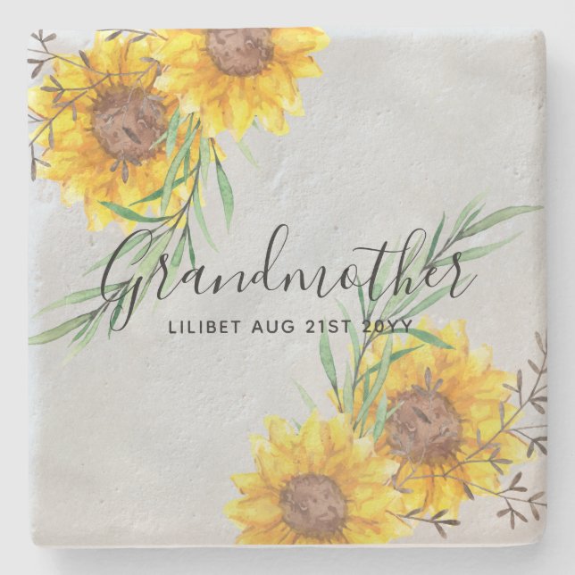 GRANDMA Gifts - Sunflower Themed Personalised Stone Coaster (Front)