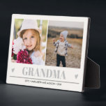 GRANDMA Grandchildren 2 Photo GRAY HEARTS  Plaque<br><div class="desc">Create the perfect sweet keepsake for grandma or "mum just promoted to grandma" for Christmas or Grandparent's day with this amazing design using two (2) of your favourite photos and gran. " appears along the bottom in delicate grey Lettering with little grey hearts. Perfect gift idea to announce pregnancy with...</div>