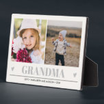 GRANDMA Grandchildren 2 Photo GRAY HEARTS  Plaque<br><div class="desc">Create the perfect sweet keepsake for grandma or "mum just promoted to grandma" for Christmas or Grandparent's day with this amazing design using two (2) of your favourite photos and gran. " appears along the bottom in delicate grey Lettering with little grey hearts. Perfect gift idea to announce pregnancy with...</div>