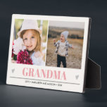 GRANDMA Grandchildren 2 Photo pink iGRAY HEARTS  Plaque<br><div class="desc">Create the perfect sweet keepsake for grandma or "mum just promoted to grandma" for Christmas or Grandparent's day with this amazing design using two (2) of your favourite photos and granma or your name appears along the bottom in delicate pink lettering with little grey hearts. Perfect gift idea to announce...</div>