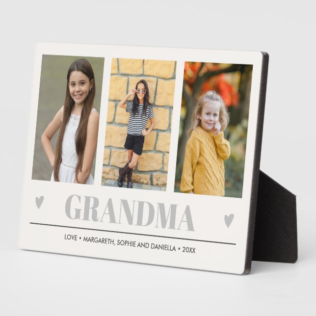 GRANDMA Grandchildren NAMES 3 Photo GRAY HEARTS   Plaque (Side)
