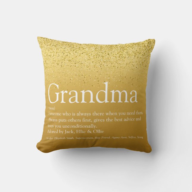 Grandma, Grandmother Definition Gold Glitter Cushion (Front)