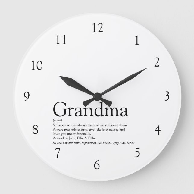 Grandma, Grandmother, Granny Quote Black and White Large Clock (Front)