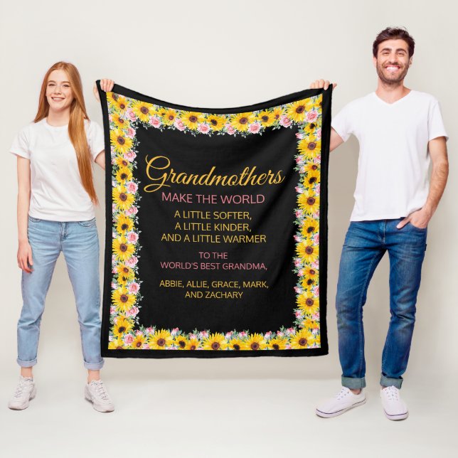 Grandma Grandmother Quote Pink Yellow Floral  Fleece Blanket (In Situ)