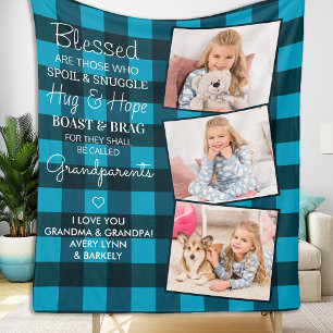Grandma Grandpa Custom 3 Photo Plaid Grandparents  Fleece Blanket
