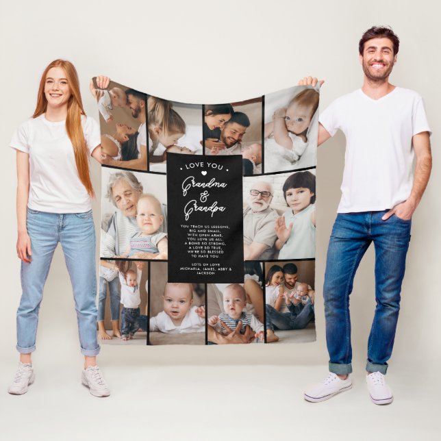 Grandma & Grandpa Love You 10-Photo Collage Modern Fleece Blanket (In Situ)