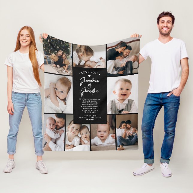 Grandma & Grandpa Love You 9-Photo Collage Modern Fleece Blanket (In Situ)
