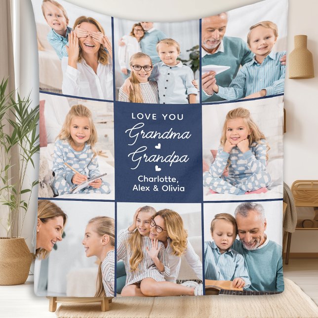 Grandma Grandpa Personalised Navy Blue 8 Picture Fleece Blanket (Creator Uploaded)