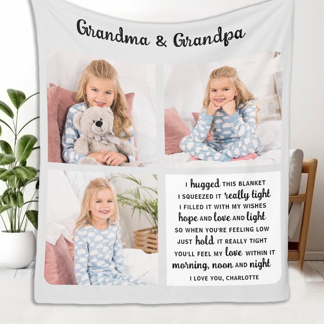 Grandma Grandpa Poem Modern Personalized 3 Photo  Fleece Blanket (Creator Uploaded)