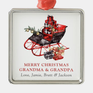 Grandma Grandpa Vintage Red Sleigh Christmas Metal Tree Decoration