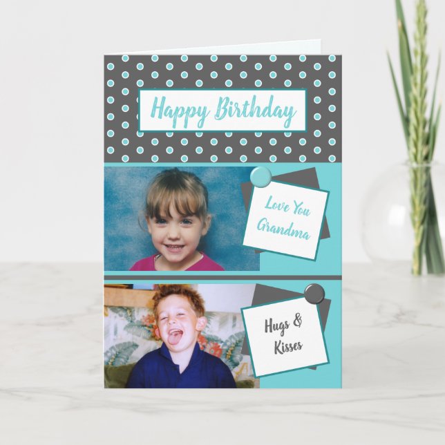 Grandma grey turquoise photo greeting Birthday Card (Front)