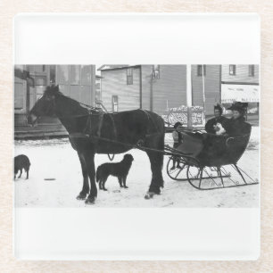 Grandma Johnson Sleigh - White Band Square Glass Coaster
