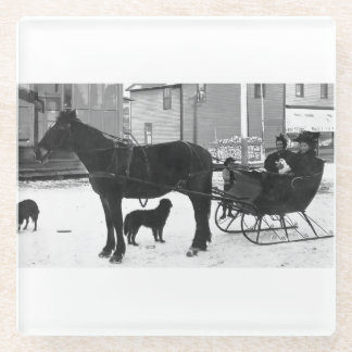 Grandma Johnson Sleigh - White Band Square Glass Coaster